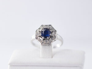 WGR 11 - 9KT White Gold Ring with Blue Sapphire and + Diamonds